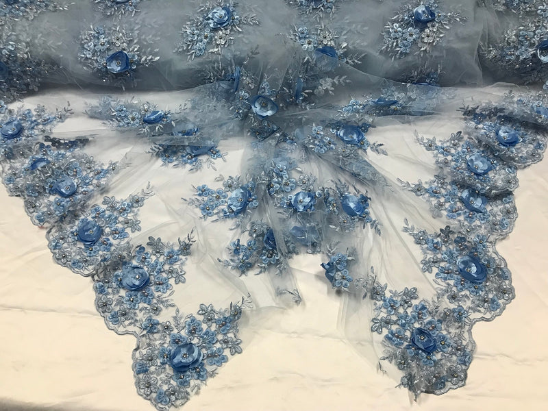 Beautiful - Baby Blue - Embroidered 3D Flower Fabric with Pearls and Rhinestones  Sold by The Yard
