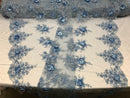 Beautiful - Baby Blue - Embroidered 3D Flower Fabric with Pearls and Rhinestones  Sold by The Yard
