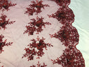 Beautiful - Burgundy - Embroidered 3D Flower Fabric with Pearls and Rhinestones  Sold by The Yard