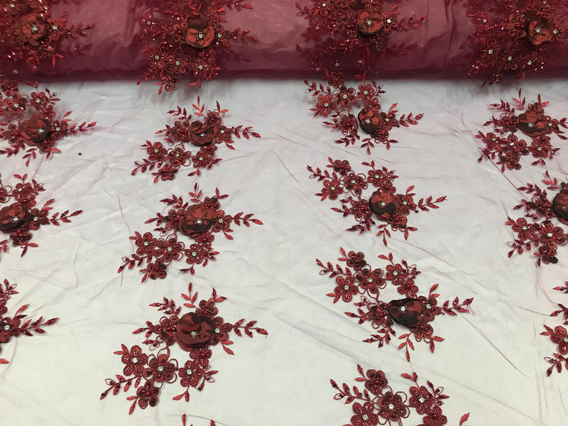 Beautiful - Burgundy - Embroidered 3D Flower Fabric with Pearls and Rhinestones  Sold by The Yard