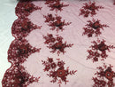 Beautiful - Burgundy - Embroidered 3D Flower Fabric with Pearls and Rhinestones  Sold by The Yard