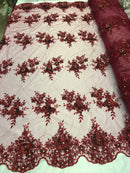 Beautiful - Burgundy - Embroidered 3D Flower Fabric with Pearls and Rhinestones  Sold by The Yard