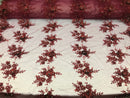 Beautiful - Burgundy - Embroidered 3D Flower Fabric with Pearls and Rhinestones  Sold by The Yard