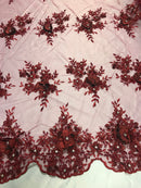 Beautiful - Burgundy - Embroidered 3D Flower Fabric with Pearls and Rhinestones  Sold by The Yard