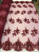 Beautiful - Burgundy - Embroidered 3D Flower Fabric with Pearls and Rhinestones  Sold by The Yard