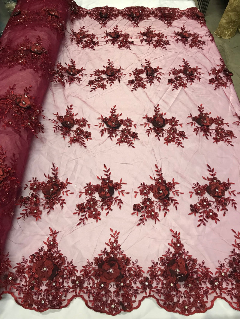 Beautiful - Burgundy - Embroidered 3D Flower Fabric with Pearls and Rhinestones  Sold by The Yard