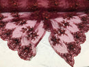 Beautiful - Burgundy - Embroidered 3D Flower Fabric with Pearls and Rhinestones  Sold by The Yard