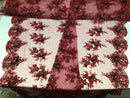 Beautiful - Burgundy - Embroidered 3D Flower Fabric with Pearls and Rhinestones  Sold by The Yard