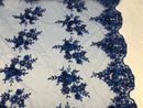 Beautiful - Royal Blue - Embroidered 3D Flower Fabric with Pearls and Rhinestones  Sold by The Yard
