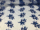 Beautiful - Royal Blue - Embroidered 3D Flower Fabric with Pearls and Rhinestones  Sold by The Yard