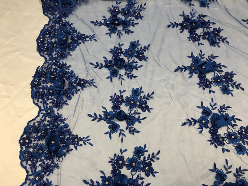 Beautiful - Royal Blue - Embroidered 3D Flower Fabric with Pearls and Rhinestones  Sold by The Yard