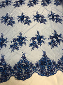 Beautiful - Royal Blue - Embroidered 3D Flower Fabric with Pearls and Rhinestones  Sold by The Yard