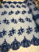 Beautiful - Royal Blue - Embroidered 3D Flower Fabric with Pearls and Rhinestones  Sold by The Yard