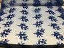 Beautiful - Royal Blue - Embroidered 3D Flower Fabric with Pearls and Rhinestones  Sold by The Yard