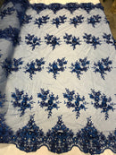 Beautiful - Royal Blue - Embroidered 3D Flower Fabric with Pearls and Rhinestones  Sold by The Yard