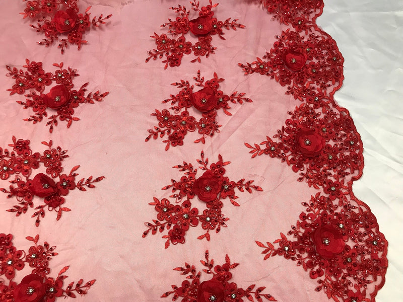 Beautiful - Red - Embroidered 3D Flower Fabric with Pearls and Rhinestones  Sold by The Yard