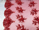 Beautiful - Red - Embroidered 3D Flower Fabric with Pearls and Rhinestones  Sold by The Yard