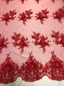 Beautiful - Red - Embroidered 3D Flower Fabric with Pearls and Rhinestones  Sold by The Yard