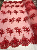 Beautiful - Red - Embroidered 3D Flower Fabric with Pearls and Rhinestones  Sold by The Yard