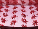 Beautiful - Red - Embroidered 3D Flower Fabric with Pearls and Rhinestones  Sold by The Yard