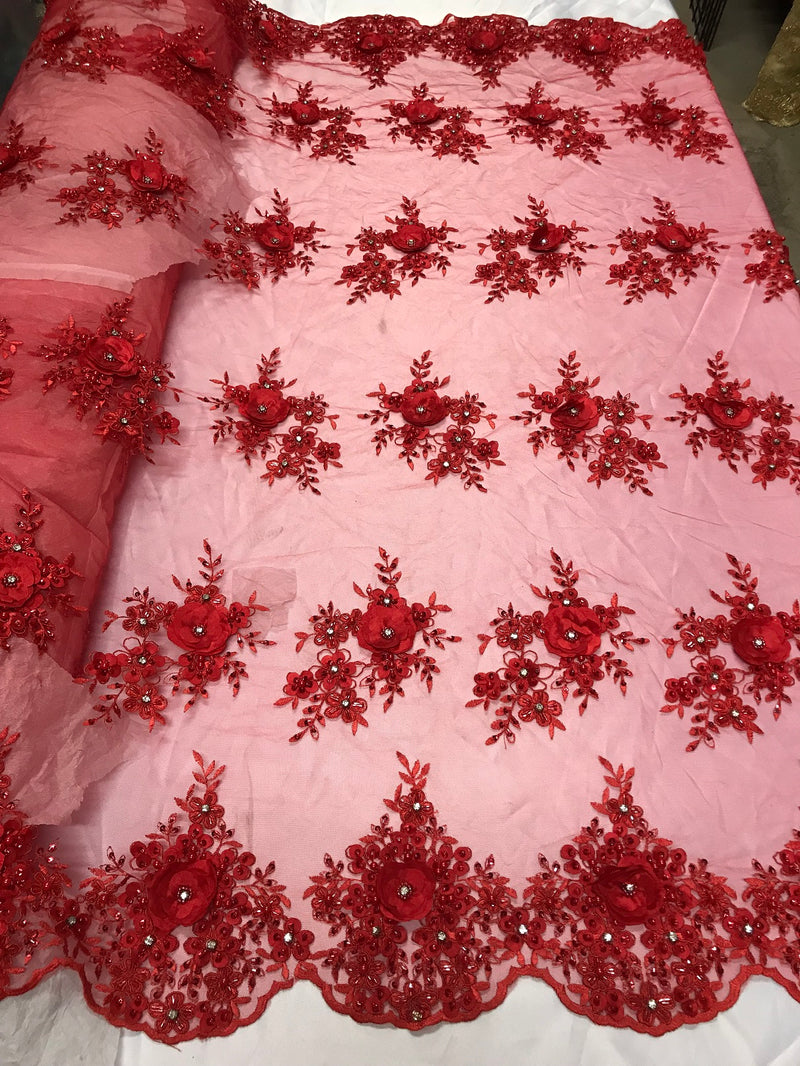Beautiful - Red - Embroidered 3D Flower Fabric with Pearls and Rhinestones  Sold by The Yard