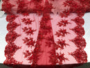 Beautiful - Red - Embroidered 3D Flower Fabric with Pearls and Rhinestones  Sold by The Yard