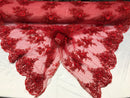 Beautiful - Red - Embroidered 3D Flower Fabric with Pearls and Rhinestones  Sold by The Yard