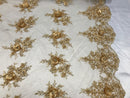 Beautiful - Gold Champagne Embroidered 3D Flower Fabric with Pearls and Rhinestones  Sold by The Yard
