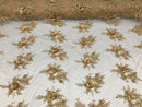Beautiful - Gold Champagne Embroidered 3D Flower Fabric with Pearls and Rhinestones  Sold by The Yard