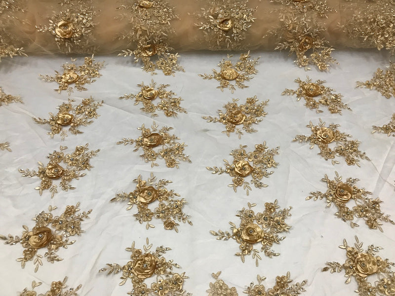 Beautiful - Gold Champagne Embroidered 3D Flower Fabric with Pearls and Rhinestones  Sold by The Yard