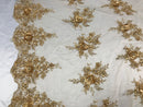Beautiful - Gold Champagne Embroidered 3D Flower Fabric with Pearls and Rhinestones  Sold by The Yard