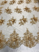 Beautiful - Gold Champagne Embroidered 3D Flower Fabric with Pearls and Rhinestones  Sold by The Yard