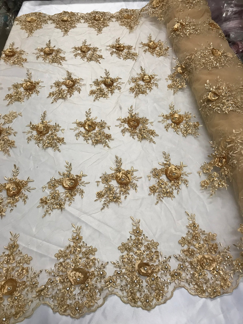 Beautiful - Gold Champagne Embroidered 3D Flower Fabric with Pearls and Rhinestones  Sold by The Yard