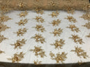 Beautiful - Gold Champagne Embroidered 3D Flower Fabric with Pearls and Rhinestones  Sold by The Yard