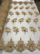 Beautiful - Gold Champagne Embroidered 3D Flower Fabric with Pearls and Rhinestones  Sold by The Yard