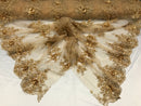 Beautiful - Gold Champagne Embroidered 3D Flower Fabric with Pearls and Rhinestones  Sold by The Yard
