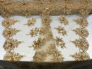 Beautiful - Gold Champagne Embroidered 3D Flower Fabric with Pearls and Rhinestones  Sold by The Yard