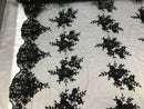 Beautiful - Black - Embroidered 3D Flower Fabric with Pearls and Rhinestones  Sold by The Yard