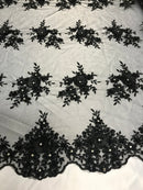 Beautiful - Black - Embroidered 3D Flower Fabric with Pearls and Rhinestones  Sold by The Yard