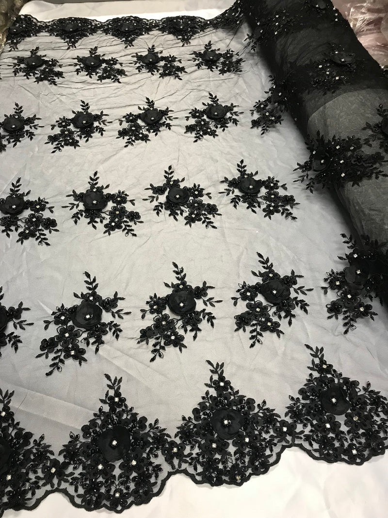 Beautiful - Black - Embroidered 3D Flower Fabric with Pearls and Rhinestones  Sold by The Yard