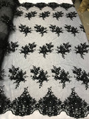 Beautiful - Black - Embroidered 3D Flower Fabric with Pearls and Rhinestones  Sold by The Yard