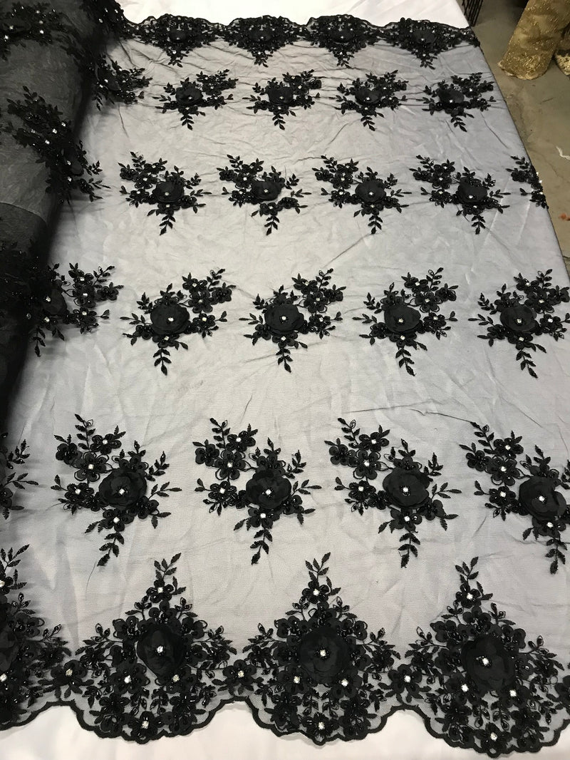 Beautiful - Black - Embroidered 3D Flower Fabric with Pearls and Rhinestones  Sold by The Yard