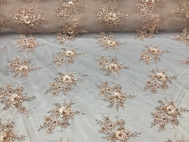 Beautiful - Blush - Embroidered 3D Flower Fabric with Pearls and Rhinestones  Sold by The Yard