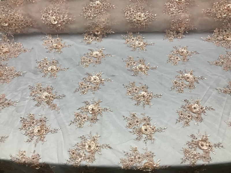 Beautiful - Blush - Embroidered 3D Flower Fabric with Pearls and Rhinestones  Sold by The Yard