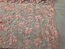 Pink 3D Floral Design Embroider With Pearls On A Mesh Lace Dresses-Prom-Nightgown By Yard