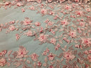 Pink 3D Floral Design Embroider With Pearls On A Mesh Lace Dresses-Prom-Nightgown By Yard
