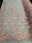 Pink 3D Floral Design Embroider With Pearls On A Mesh Lace Dresses-Prom-Nightgown By Yard
