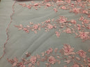 Pink 3D Floral Design Embroider With Pearls On A Mesh Lace Dresses-Prom-Nightgown By Yard