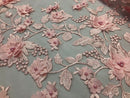 Pink 3D Floral Design Embroider With Pearls On A Mesh Lace Dresses-Prom-Nightgown By Yard