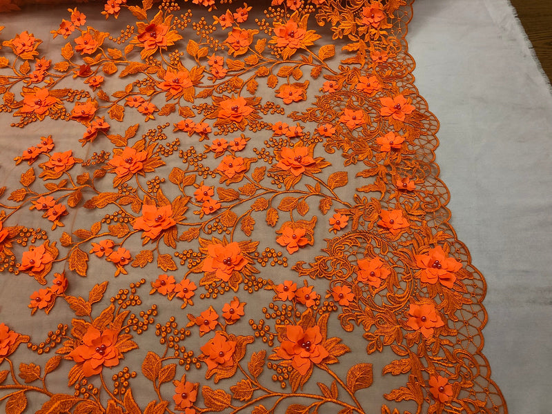 Flower 3D Fabric - Orange - Embroided Fabric Flower Pearls and Leaf Decor Sold by The Yard